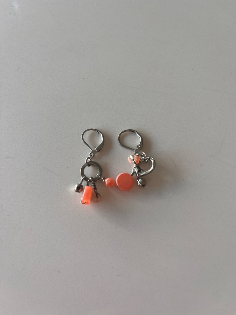 Silver Hoop Earrings with Coral Pink Beads